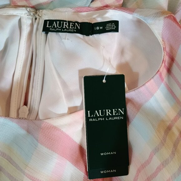 NWT: Lauren Ralph Lauren Sz 18W Blue & Pink Plaid Belted Georgette Dress - Picture 3 of 6